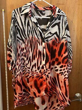 Size XL - Mishca - Semi Sheer Pink and Brown Half Sleeve Blouse